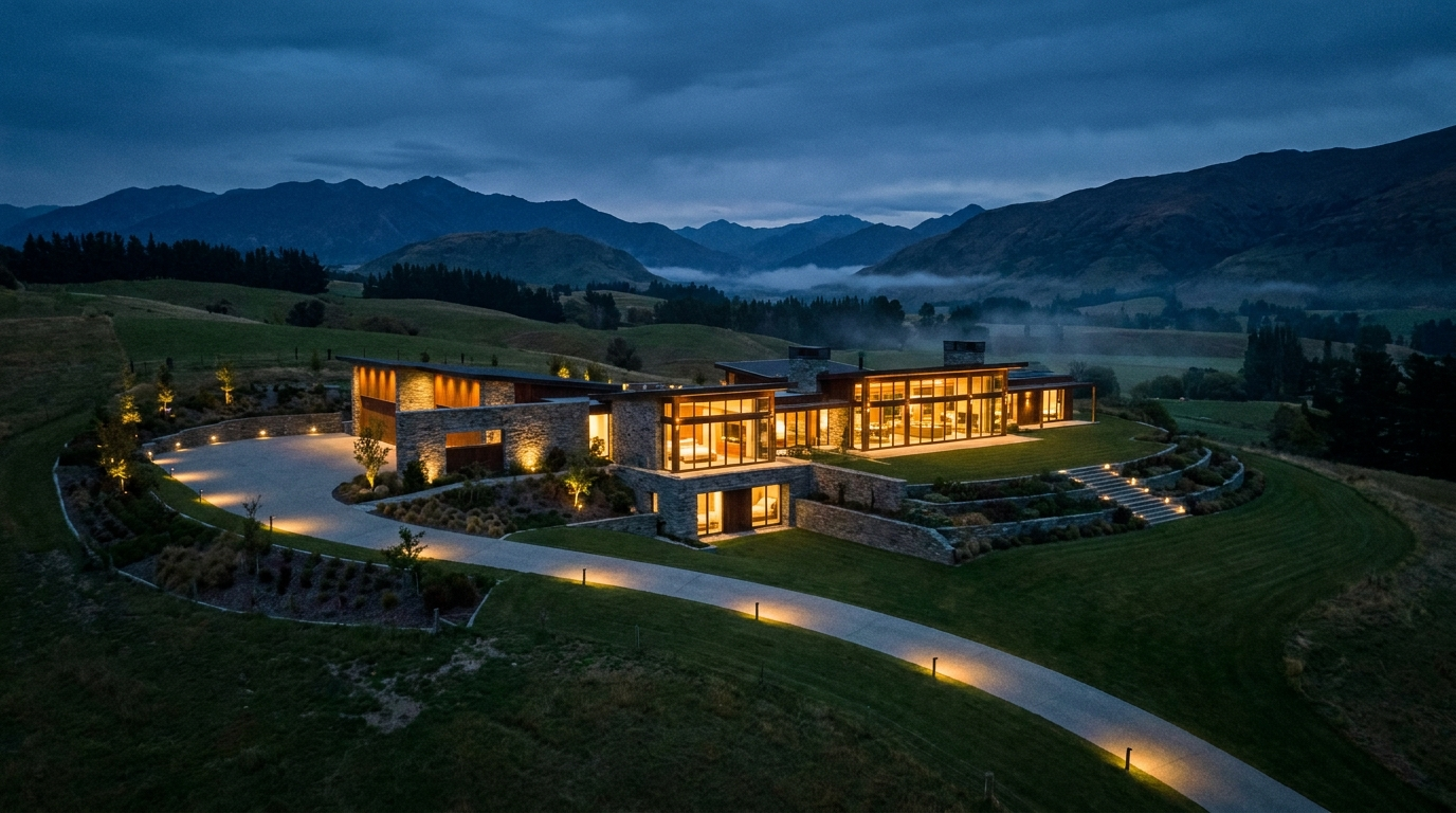 A private luxury estate at dusk